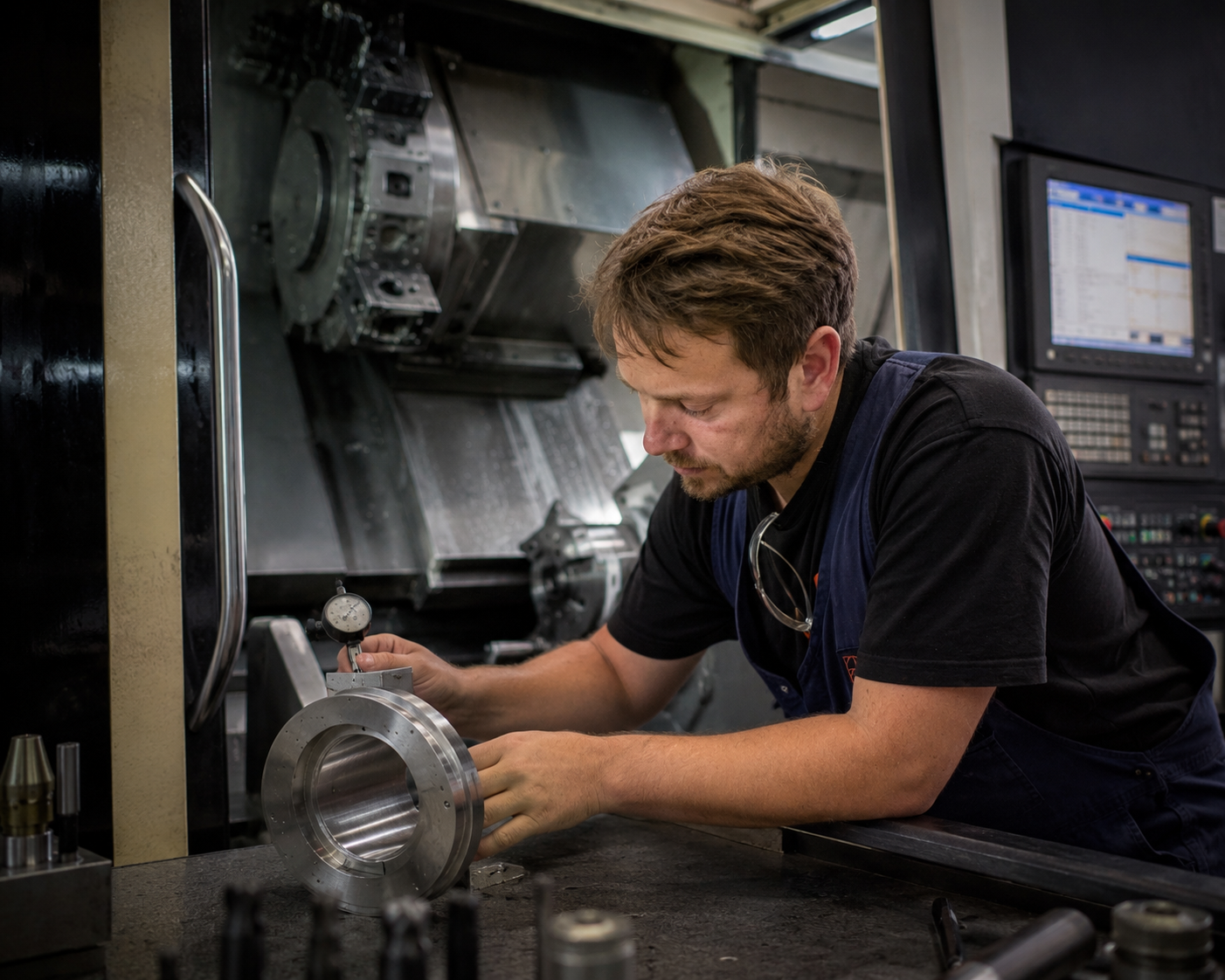 Vojta measuring a precision part with a dial indicator on the lathe